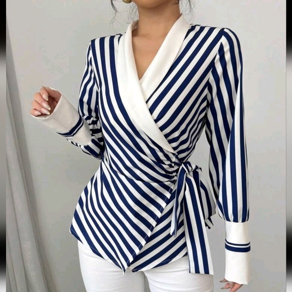 Women's Spring Autumn Mandarin Collar Tied Waist Asymmetrical Hem Design Shirt - Picture 1 of 5